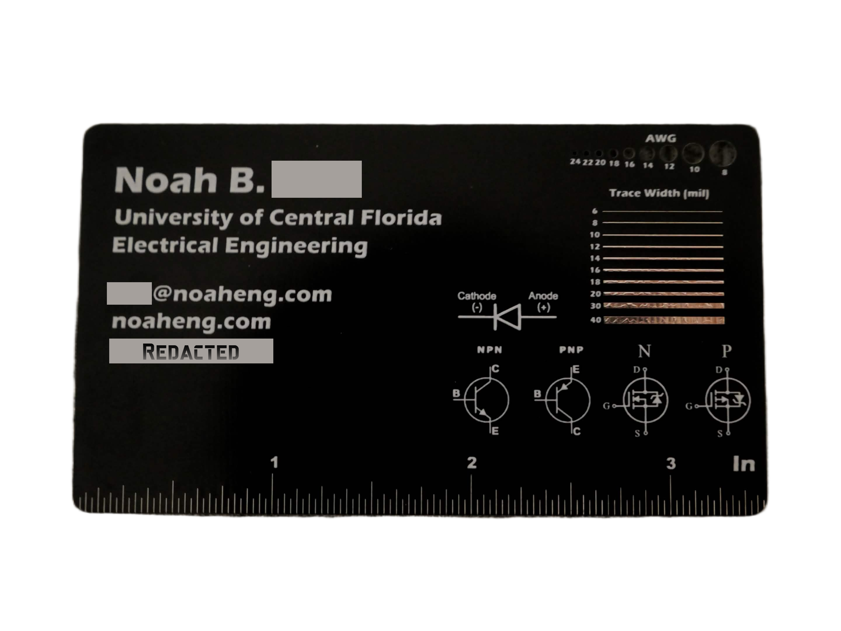 Front side of the PCB ruler business card with trace width and AWG references